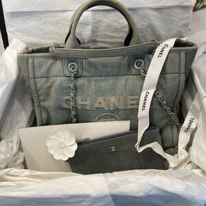 CHANEL Light Blue Denim Tote with Chain Accents